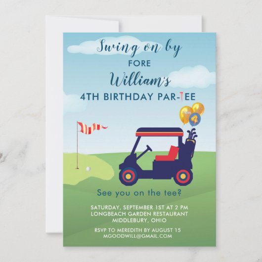 魅力的Boy Golf Cart Par-tee 4th Birthday 招待状 (正面)