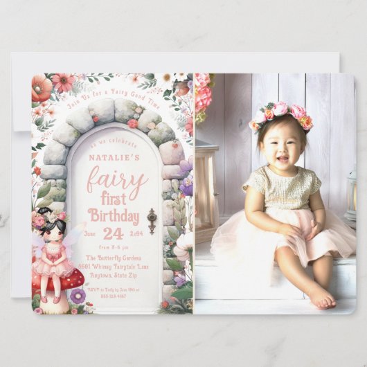 魅惑された戸口妖精の最初の誕生日パーティーの写真 招待状 (正面)