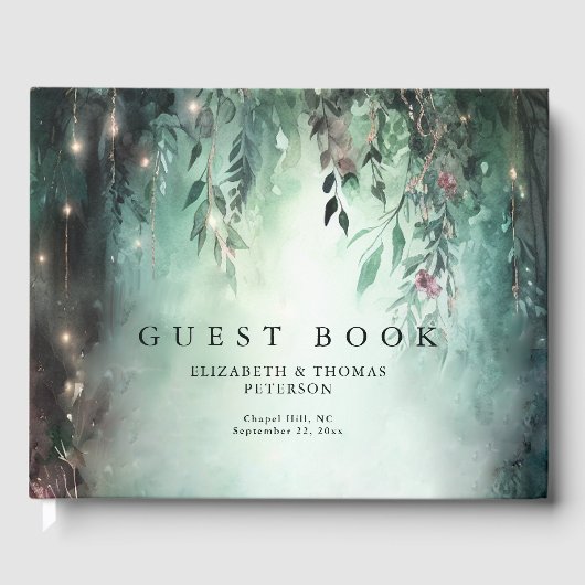魅惑された森の魔法のつる植物グリーン結婚金ゴールド ゲストブック (正面)