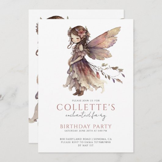魅惑のおとぎ話のピクシーおとぎ話の誕生日パーティー 招待状 (正面/裏面)
