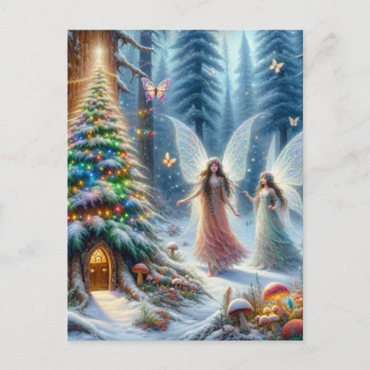 魅惑のおとぎ話の森のパーソナライズされたクリスマス ポストカード (正面)