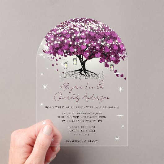 魅惑のおとぎ話の紫のハートリーフ結婚ツリー アクリル招待状 (インサイチュ (ポータブル))