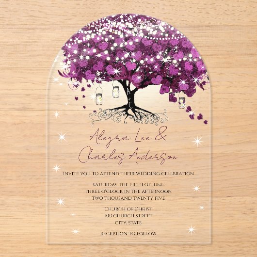 魅惑のおとぎ話の紫のハートリーフ結婚ツリー アクリル招待状 (正面)