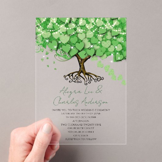 魅惑のおとぎ話グリーンハートリーフ結婚ツリー アクリル招待状 (インサイチュ (ポータブル))