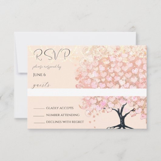 魅惑のおとぎ話ピンクのハートリーフ結婚ツリー 出欠カード (正面)