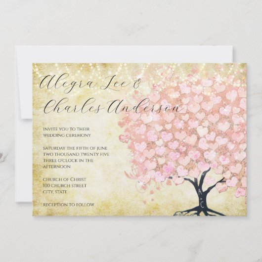 魅惑のおとぎ話ピンクのハートリーフ結婚ツリー 招待状 (正面)