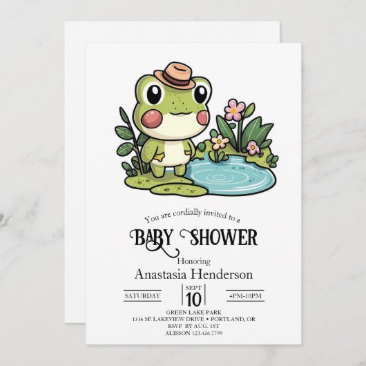 魅惑のかわいいカエルの赤ちゃんシャワー 招待状 (正面/裏面)