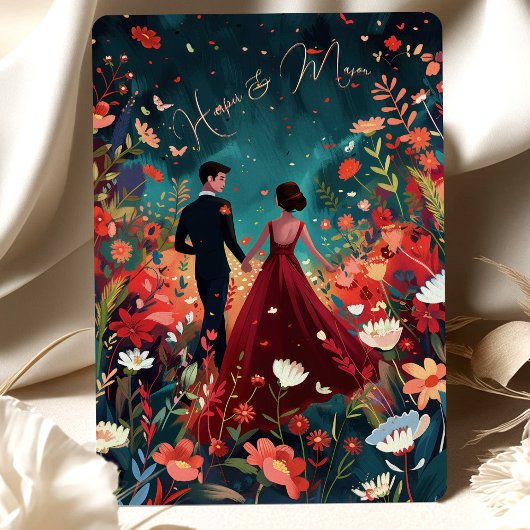 魅惑のイブニング - バーガンディ ネイビー フラワー ウェディング 招待状