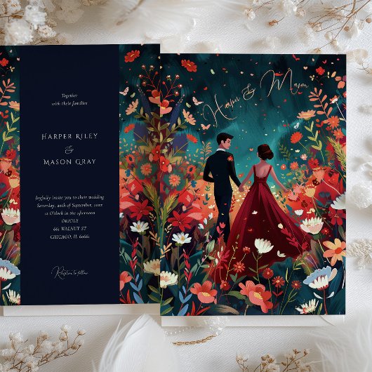 魅惑のイブニング - バーガンディ ネイビー フラワー ウェディング 招待状