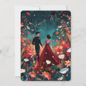 魅惑のイブニング - バーガンディ ネイビー フラワー ウェディング 招待状 (正面)