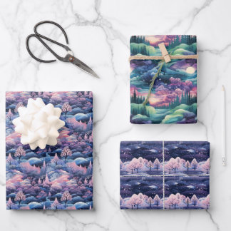 魅惑のオーロラワンダーランド：冬のデザイン ラッピングペーパーシート