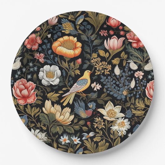 魅惑のガーデンイエローバードと花のヴィンテージ ペーパープレート (正面)
