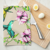 魅惑のガーデンウォーターカラーハミングバード&フラワー キッチンタオル (四つ折り)