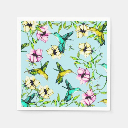 魅惑のガーデンウォーターカラーハミングバード&フラワー スタンダードカクテルナプキン (正面)