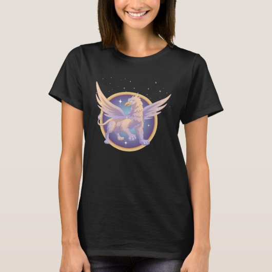 魅惑のグリフィンのグラフィックと天体の背景 Tシャツ (正面)