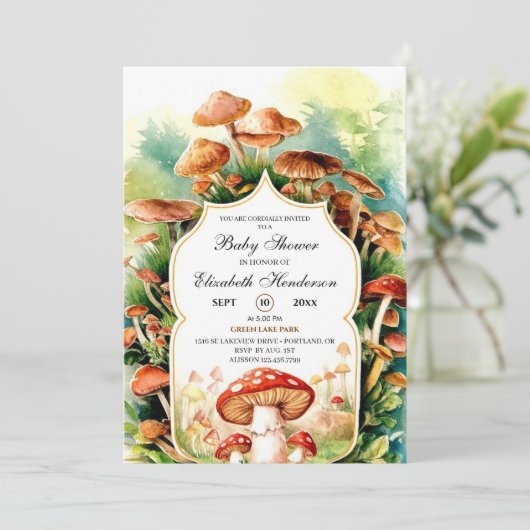 魅惑のコテージコアマッシュルームベイビーシャワー 招待状 (スタンド正面)