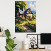 魅惑のコテージ美しい花々の中 ポスター (ホームオフィス)