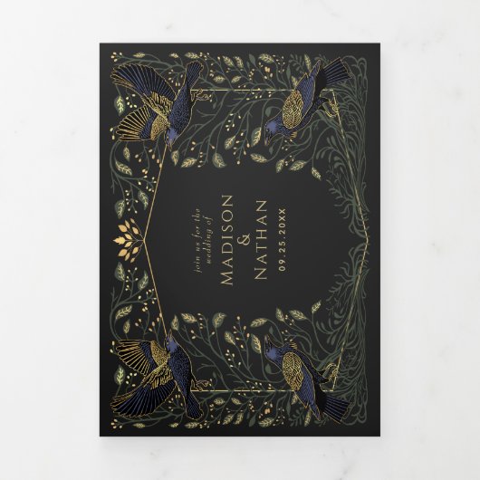 魅惑のゴシックレイヴン結婚フローラの緑 三つ折り招待状 (カバー)