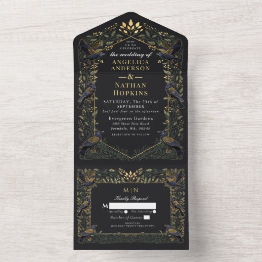 魅惑のゴシック風のレーヴェンのダークグリーン結婚フローラ オールインワン招待状 (内側)