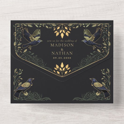 魅惑のゴシック風のレーヴェンのダークグリーン結婚フローラ オールインワン招待状 (裏面)