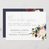 魅惑のネイビーブルーブルゴーニュピンクの花カスタム咲き サンキューカード (正面/裏面)