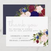 魅惑のネイビーブルー バーガンディー ピンクの花 カスタム サンキューカード (正面/裏面)