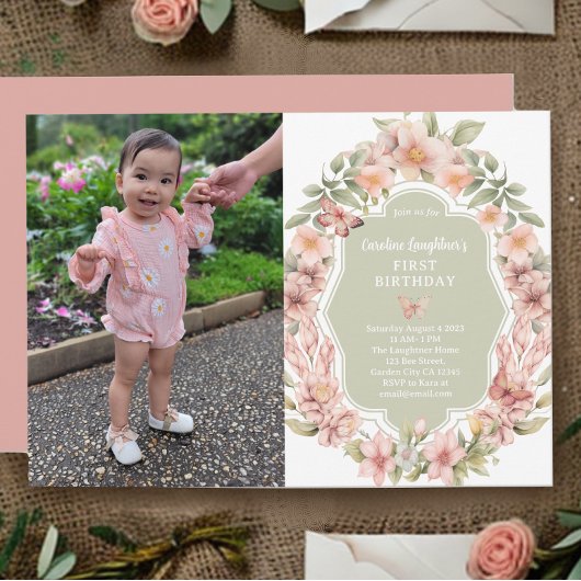 魅惑のバタフライガーデン任意の年齢の誕生日写真 招待状