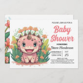 魅惑のピンクの恐竜の女の子の赤ちゃんシャワー 招待状 (正面/裏面)