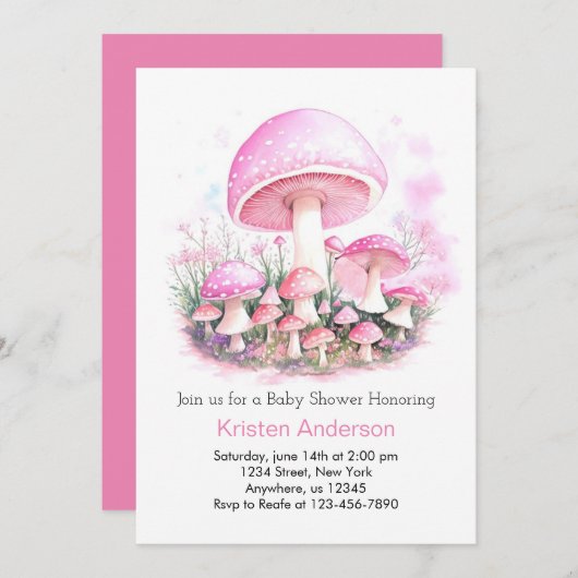 魅惑のピンクマッシュルームドリームガールベビーシャワー 招待状 (正面/裏面)