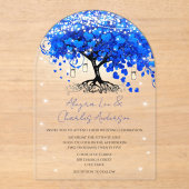 魅惑のフェアリーテイル ブルー ハート リーフ ツリー ウェディング アクリル招待状 (正面)