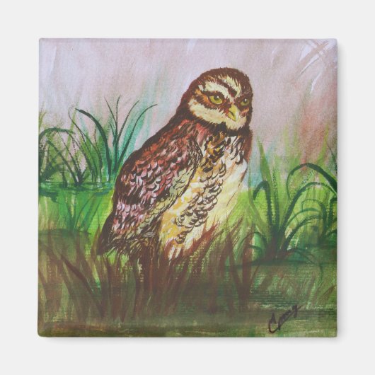 魅惑のフクロウの水彩画 マグネット (正面)