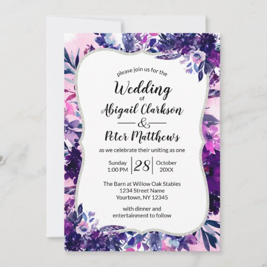 魅惑のフローラ紫の水色結婚の 招待状 (正面)