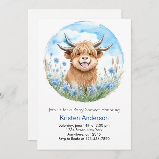 魅惑のブルーハイランドカウボーイ赤ちゃんシャワー 招待状 (正面/裏面)