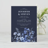 魅惑のモノクロネイビーブルーワイルドフラワー結婚ズ 招待状 (スタンド正面)
