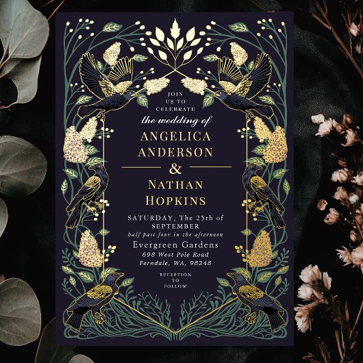 魅惑のレーブン薄紫結婚ゴシック 箔招待状