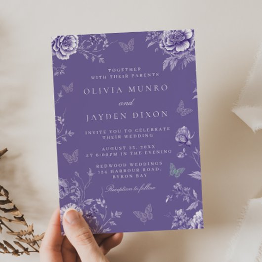 魅惑のヴィンテージ紫色の蝶のフローラ 招待状