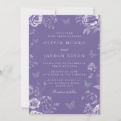 魅惑のヴィンテージ パープル バタフライ フローラル ウェディング 招待状 (正面)