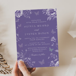 魅惑のヴィンテージ パープル バタフライ フローラル ウェディング 招待状