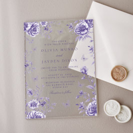 魅惑のヴィンテージ パープル フローラル ウェディング アクリル招待状
