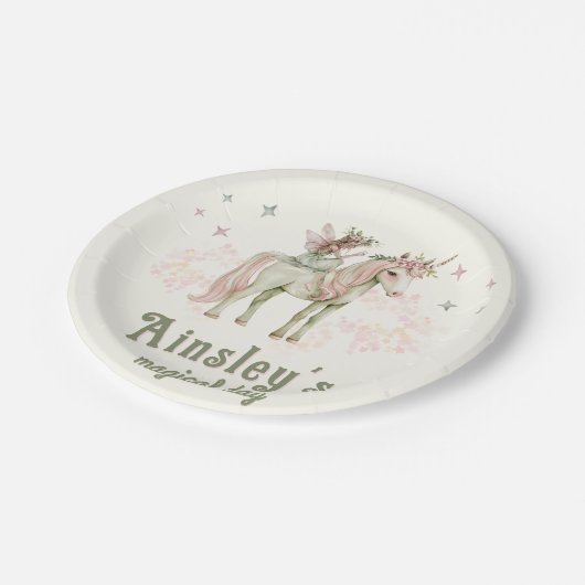 魅惑の一角獣と妖精のパーソナライズされた誕生日 ペーパープレート (アングル)