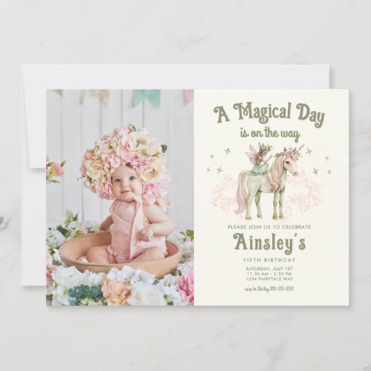 魅惑の一角獣と妖精カスタムの写真誕生日 招待状 (正面)