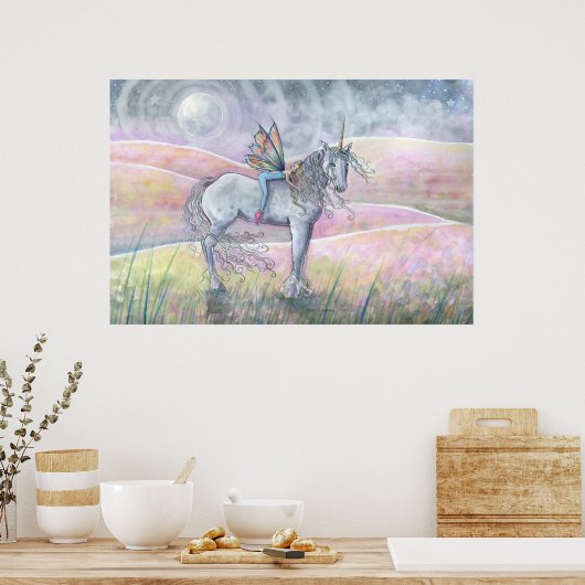 魅惑の丘のユニコーンと妖精のファンタジーアート ポスター (キッチン)