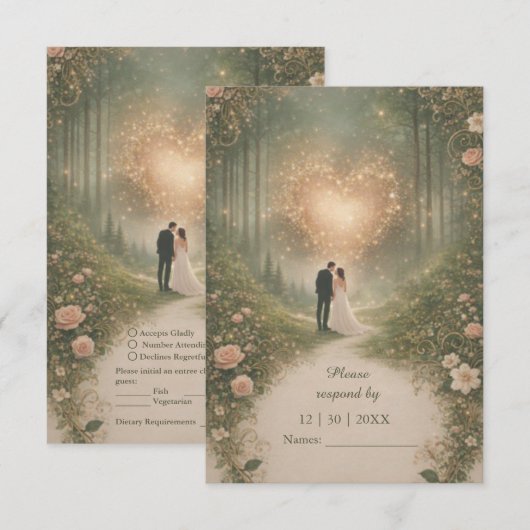 魅惑の中世のハートの森 ロマンティックな結婚式 出欠カード (正面/裏面)