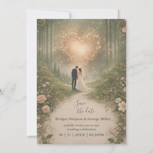 魅惑の中世のハートの森 ロマンティックな結婚式 招待状 (正面)