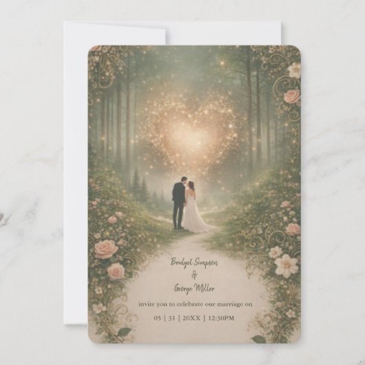 魅惑の中世ハートの森 ロマンティックな結婚式 招待状 (正面)