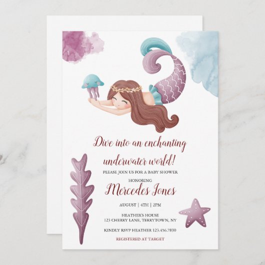 魅惑の人魚とクラゲのベビーシャワー請求書 招待状 (正面/裏面)