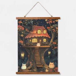 魅惑の光彩の猫のツリーハウス 吊り下げ型タペストリー