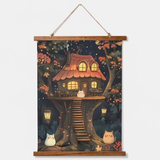 魅惑の光彩の猫のツリーハウス 吊り下げ型タペストリー (正面)