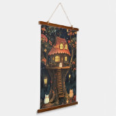 魅惑の光彩の猫のツリーハウス 吊り下げ型タペストリー (傾斜あり)