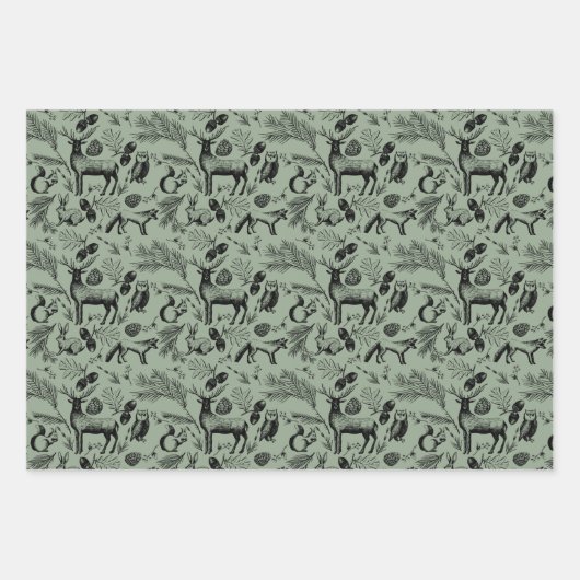魅惑の冬の森の動物クリスマス手描き ラッピングペーパーシート (正面3)